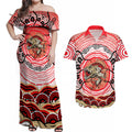 Personalised Aboriginal Barramundi Fish Couples Matching Off Shoulder Maxi Dress and Hawaiian Shirt Indigenous Dot Art - Dreamtime Spirit Animal