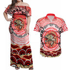 Personalised Aboriginal Barramundi Fish Couples Matching Off Shoulder Maxi Dress and Hawaiian Shirt Indigenous Dot Art - Dreamtime Spirit Animal