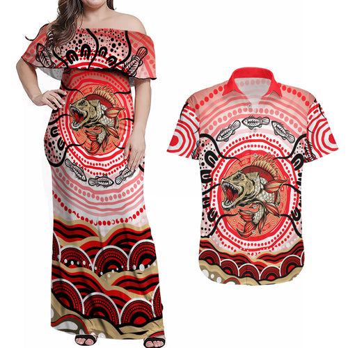 Personalised Aboriginal Barramundi Fish Couples Matching Off Shoulder Maxi Dress and Hawaiian Shirt Indigenous Dot Art - Dreamtime Spirit Animal