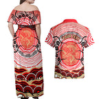 Personalised Aboriginal Barramundi Fish Couples Matching Off Shoulder Maxi Dress and Hawaiian Shirt Indigenous Dot Art - Dreamtime Spirit Animal