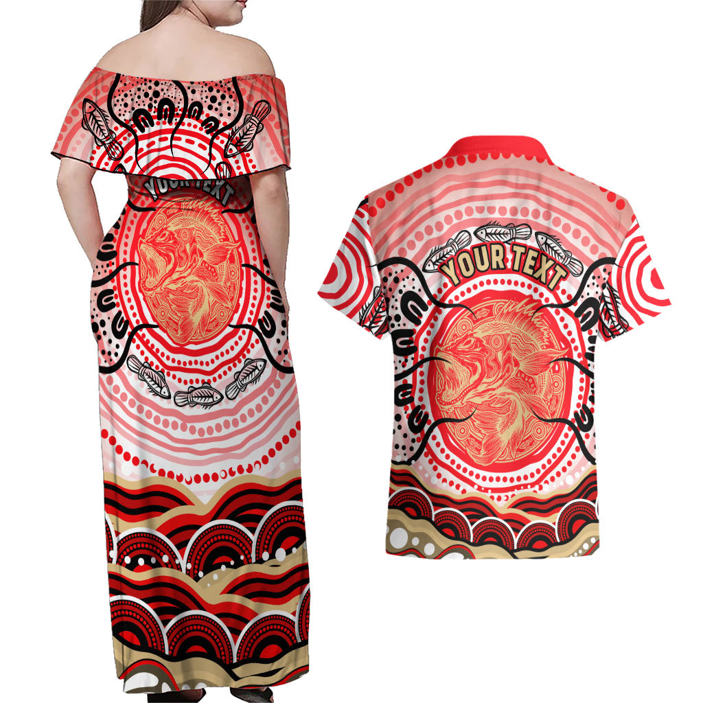 Personalised Aboriginal Barramundi Fish Couples Matching Off Shoulder Maxi Dress and Hawaiian Shirt Indigenous Dot Art - Dreamtime Spirit Animal