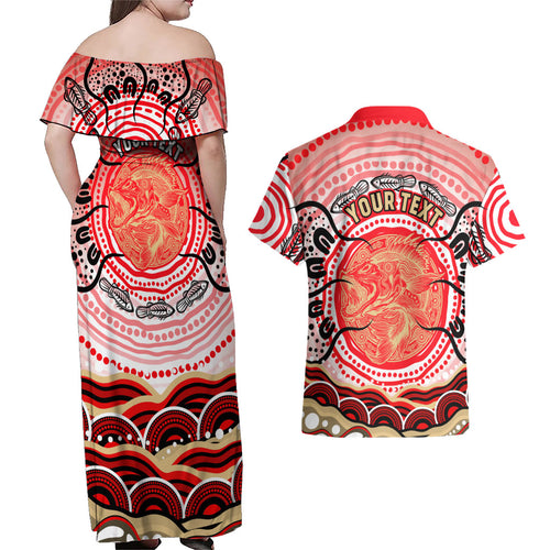 Personalised Aboriginal Barramundi Fish Couples Matching Off Shoulder Maxi Dress and Hawaiian Shirt Indigenous Dot Art - Dreamtime Spirit Animal