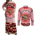Personalised Aboriginal Barramundi Fish Couples Matching Off Shoulder Maxi Dress and Long Sleeve Button Shirt Indigenous Dot Art - Dreamtime Spirit Animal