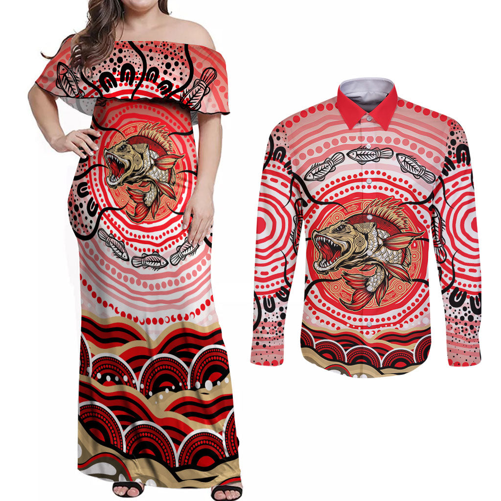 Personalised Aboriginal Barramundi Fish Couples Matching Off Shoulder Maxi Dress and Long Sleeve Button Shirt Indigenous Dot Art - Dreamtime Spirit Animal
