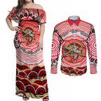 Personalised Aboriginal Barramundi Fish Couples Matching Off Shoulder Maxi Dress and Long Sleeve Button Shirt Indigenous Dot Art - Dreamtime Spirit Animal