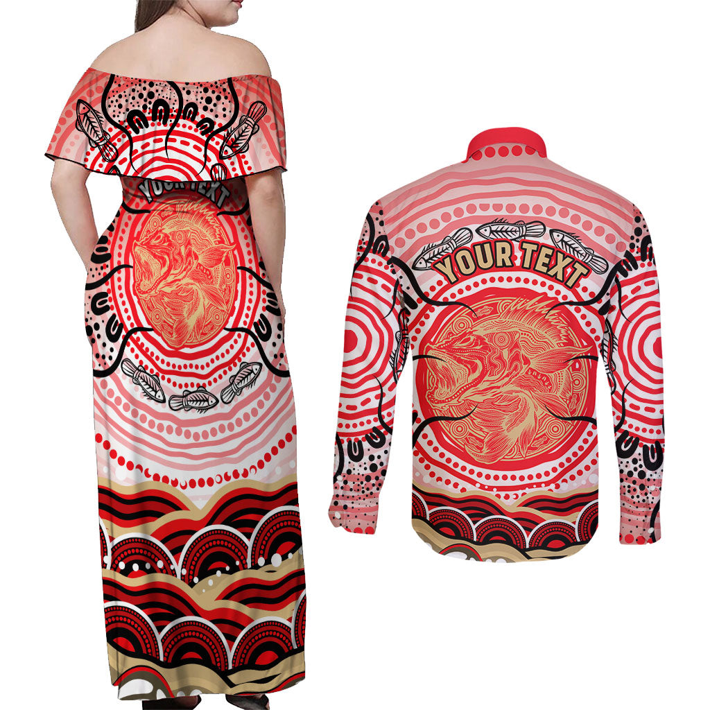 Personalised Aboriginal Barramundi Fish Couples Matching Off Shoulder Maxi Dress and Long Sleeve Button Shirt Indigenous Dot Art - Dreamtime Spirit Animal