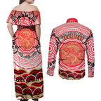 Personalised Aboriginal Barramundi Fish Couples Matching Off Shoulder Maxi Dress and Long Sleeve Button Shirt Indigenous Dot Art - Dreamtime Spirit Animal