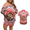 Personalised Aboriginal Barramundi Fish Couples Matching Off Shoulder Short Dress and Hawaiian Shirt Indigenous Dot Art - Dreamtime Spirit Animal