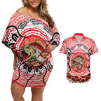 Personalised Aboriginal Barramundi Fish Couples Matching Off Shoulder Short Dress and Hawaiian Shirt Indigenous Dot Art - Dreamtime Spirit Animal