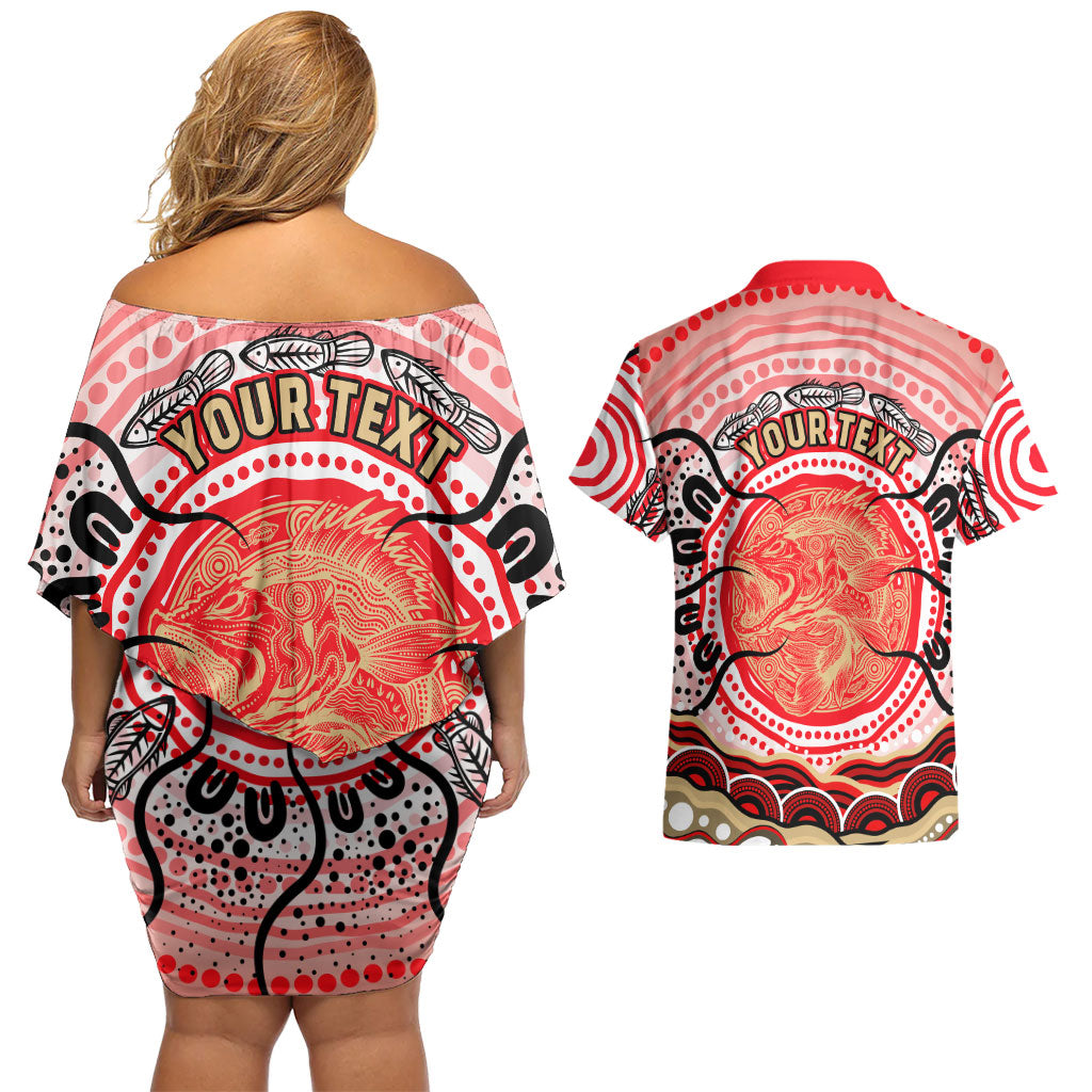 Personalised Aboriginal Barramundi Fish Couples Matching Off Shoulder Short Dress and Hawaiian Shirt Indigenous Dot Art - Dreamtime Spirit Animal