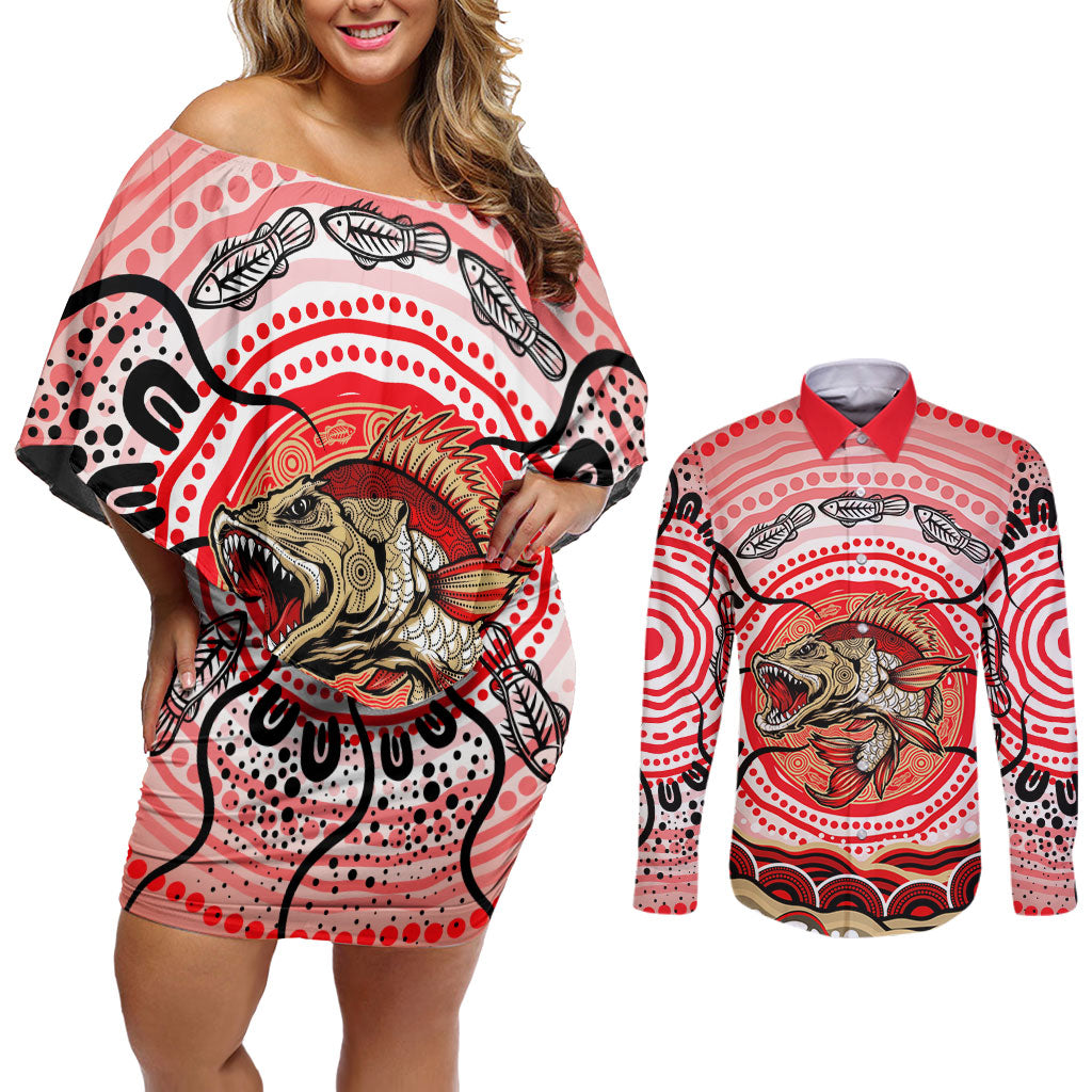 Personalised Aboriginal Barramundi Fish Couples Matching Off Shoulder Short Dress and Long Sleeve Button Shirt Indigenous Dot Art - Dreamtime Spirit Animal