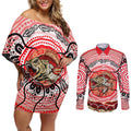 Personalised Aboriginal Barramundi Fish Couples Matching Off Shoulder Short Dress and Long Sleeve Button Shirt Indigenous Dot Art - Dreamtime Spirit Animal