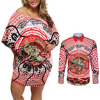 Personalised Aboriginal Barramundi Fish Couples Matching Off Shoulder Short Dress and Long Sleeve Button Shirt Indigenous Dot Art - Dreamtime Spirit Animal