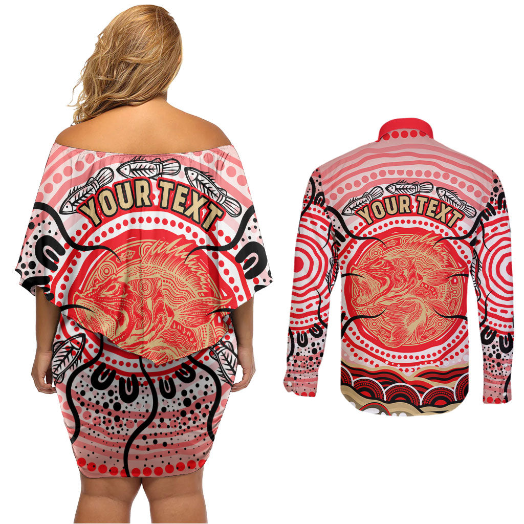 Personalised Aboriginal Barramundi Fish Couples Matching Off Shoulder Short Dress and Long Sleeve Button Shirt Indigenous Dot Art - Dreamtime Spirit Animal