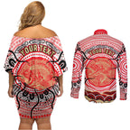 Personalised Aboriginal Barramundi Fish Couples Matching Off Shoulder Short Dress and Long Sleeve Button Shirt Indigenous Dot Art - Dreamtime Spirit Animal