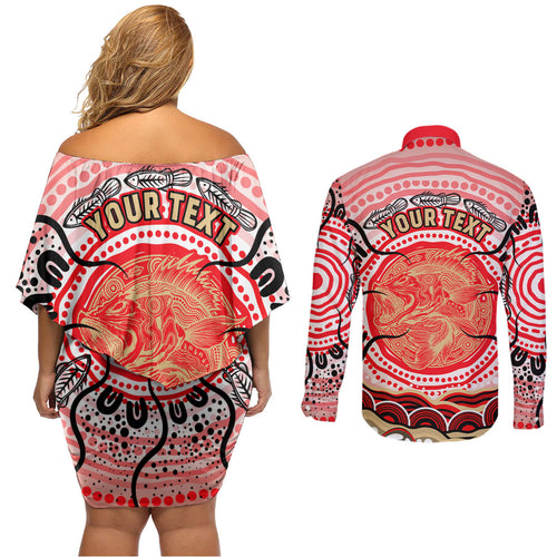 Personalised Aboriginal Barramundi Fish Couples Matching Off Shoulder Short Dress and Long Sleeve Button Shirt Indigenous Dot Art - Dreamtime Spirit Animal