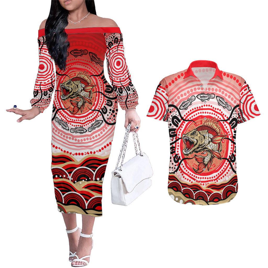 Personalised Aboriginal Barramundi Fish Couples Matching Off The Shoulder Long Sleeve Dress and Hawaiian Shirt Indigenous Dot Art - Dreamtime Spirit Animal