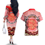 Personalised Aboriginal Barramundi Fish Couples Matching Off The Shoulder Long Sleeve Dress and Hawaiian Shirt Indigenous Dot Art - Dreamtime Spirit Animal
