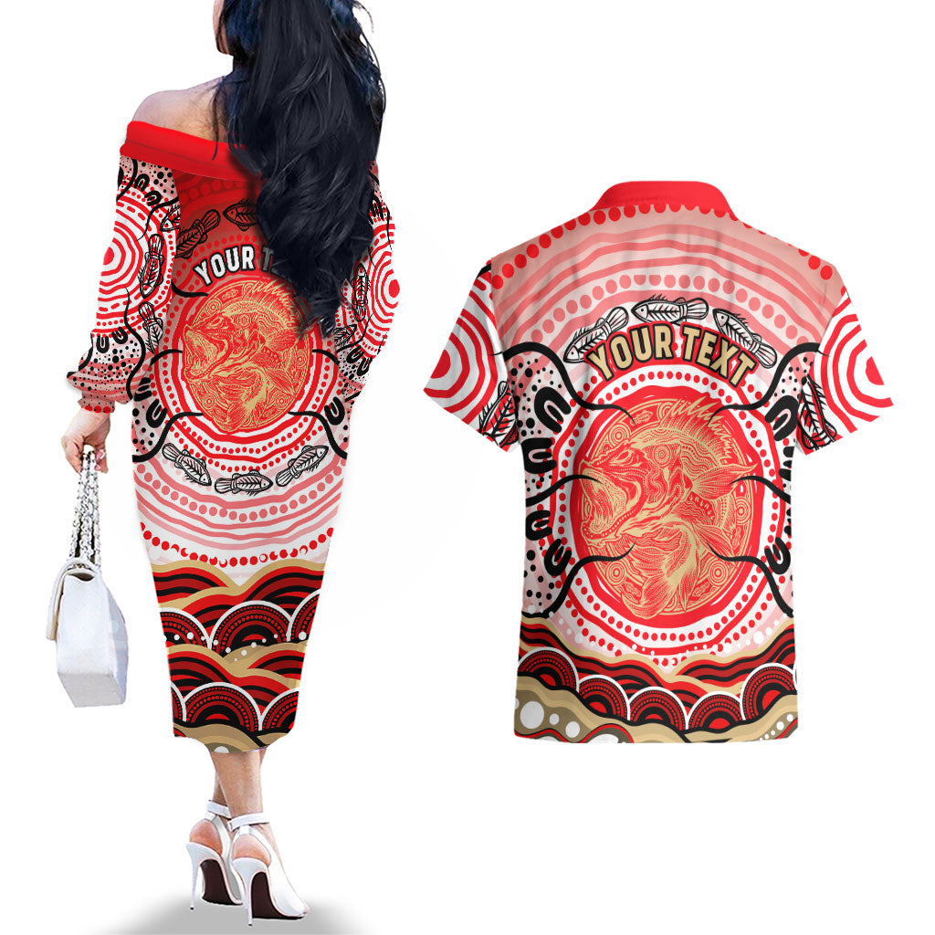 Personalised Aboriginal Barramundi Fish Couples Matching Off The Shoulder Long Sleeve Dress and Hawaiian Shirt Indigenous Dot Art - Dreamtime Spirit Animal