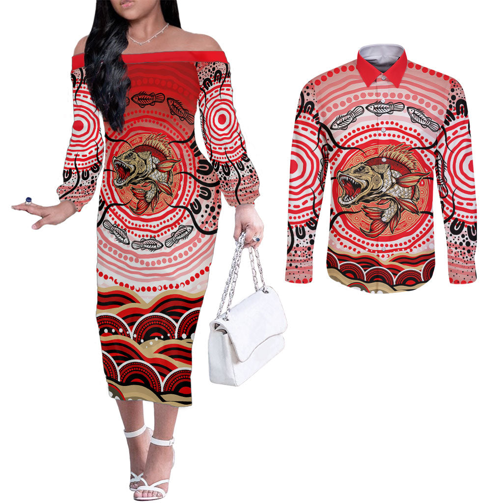 Personalised Aboriginal Barramundi Fish Couples Matching Off The Shoulder Long Sleeve Dress and Long Sleeve Button Shirt Indigenous Dot Art - Dreamtime Spirit Animal