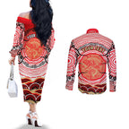 Personalised Aboriginal Barramundi Fish Couples Matching Off The Shoulder Long Sleeve Dress and Long Sleeve Button Shirt Indigenous Dot Art - Dreamtime Spirit Animal