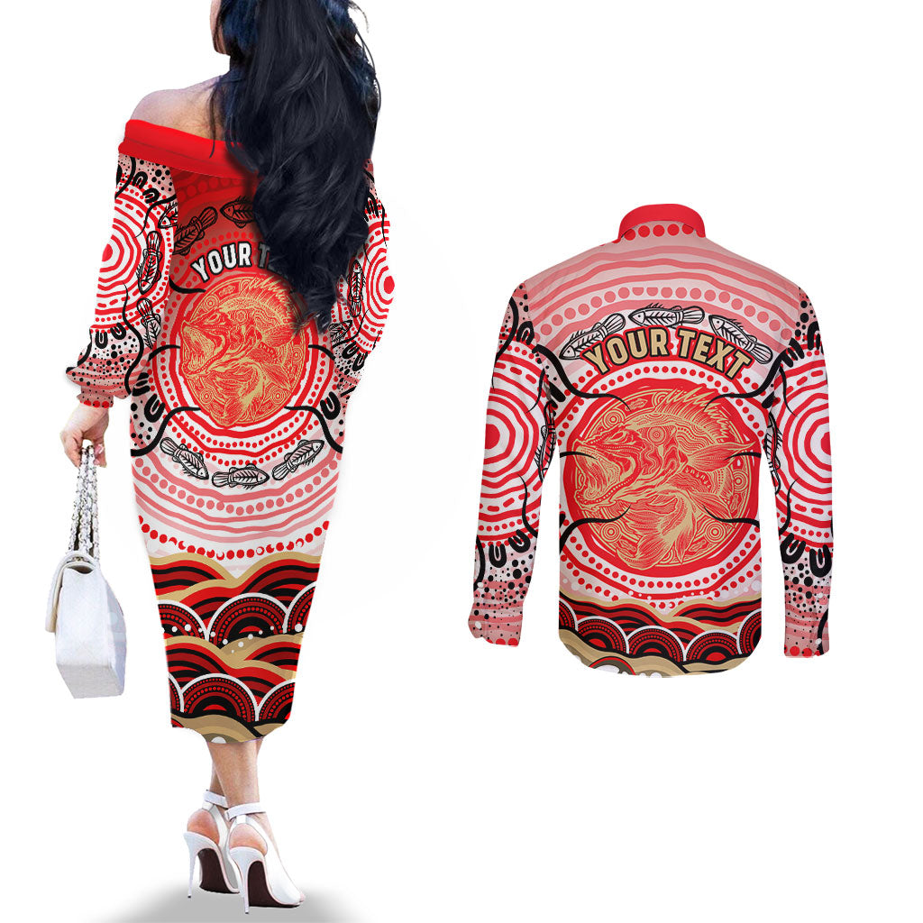 Personalised Aboriginal Barramundi Fish Couples Matching Off The Shoulder Long Sleeve Dress and Long Sleeve Button Shirt Indigenous Dot Art - Dreamtime Spirit Animal