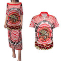 Personalised Aboriginal Barramundi Fish Couples Matching Puletasi and Hawaiian Shirt Indigenous Dot Art - Dreamtime Spirit Animal