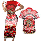 Personalised Aboriginal Barramundi Fish Couples Matching Short Sleeve Bodycon Dress and Hawaiian Shirt Indigenous Dot Art - Dreamtime Spirit Animal