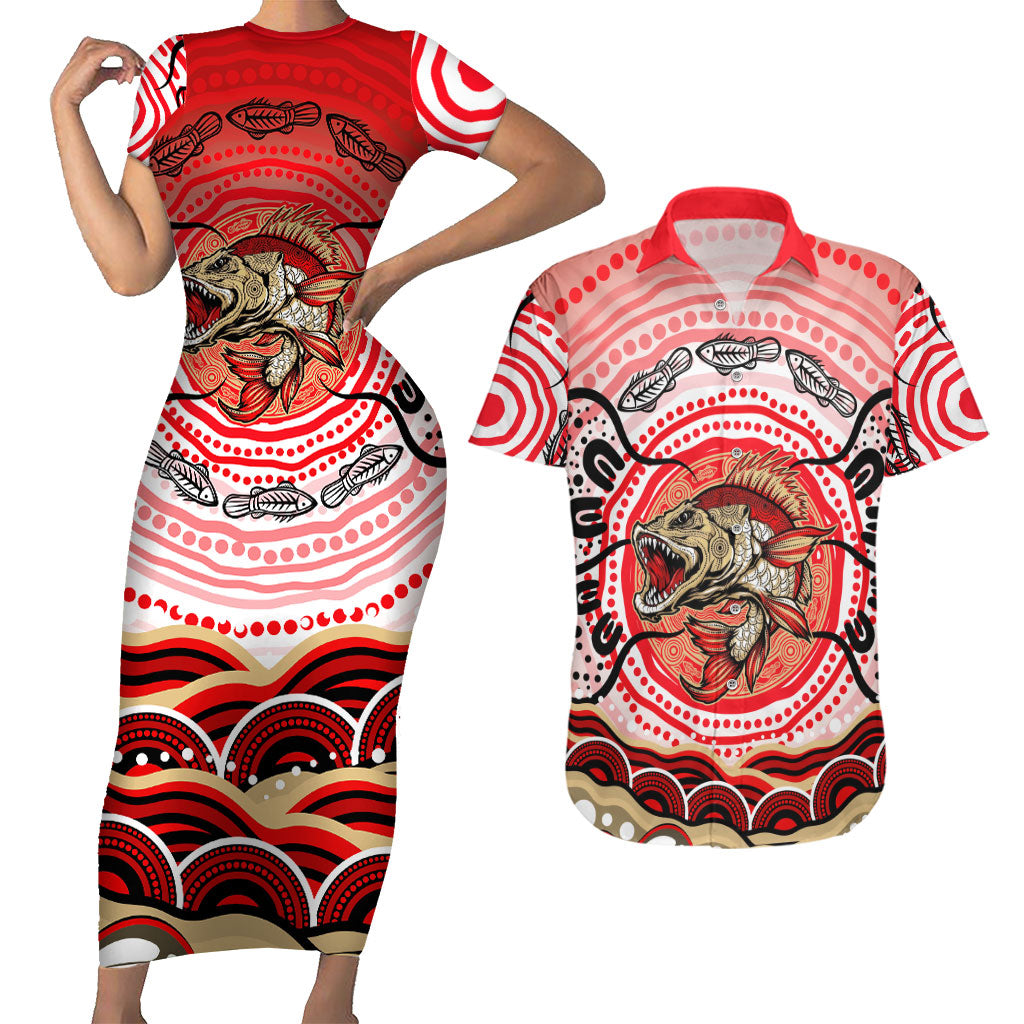 Personalised Aboriginal Barramundi Fish Couples Matching Short Sleeve Bodycon Dress and Hawaiian Shirt Indigenous Dot Art - Dreamtime Spirit Animal