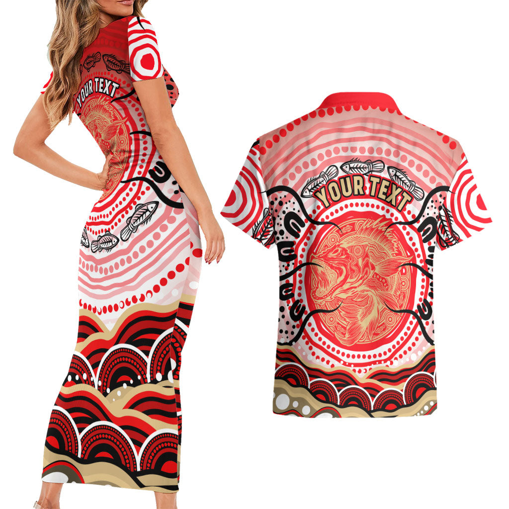 Personalised Aboriginal Barramundi Fish Couples Matching Short Sleeve Bodycon Dress and Hawaiian Shirt Indigenous Dot Art - Dreamtime Spirit Animal