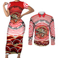 Personalised Aboriginal Barramundi Fish Couples Matching Short Sleeve Bodycon Dress and Long Sleeve Button Shirt Indigenous Dot Art - Dreamtime Spirit Animal
