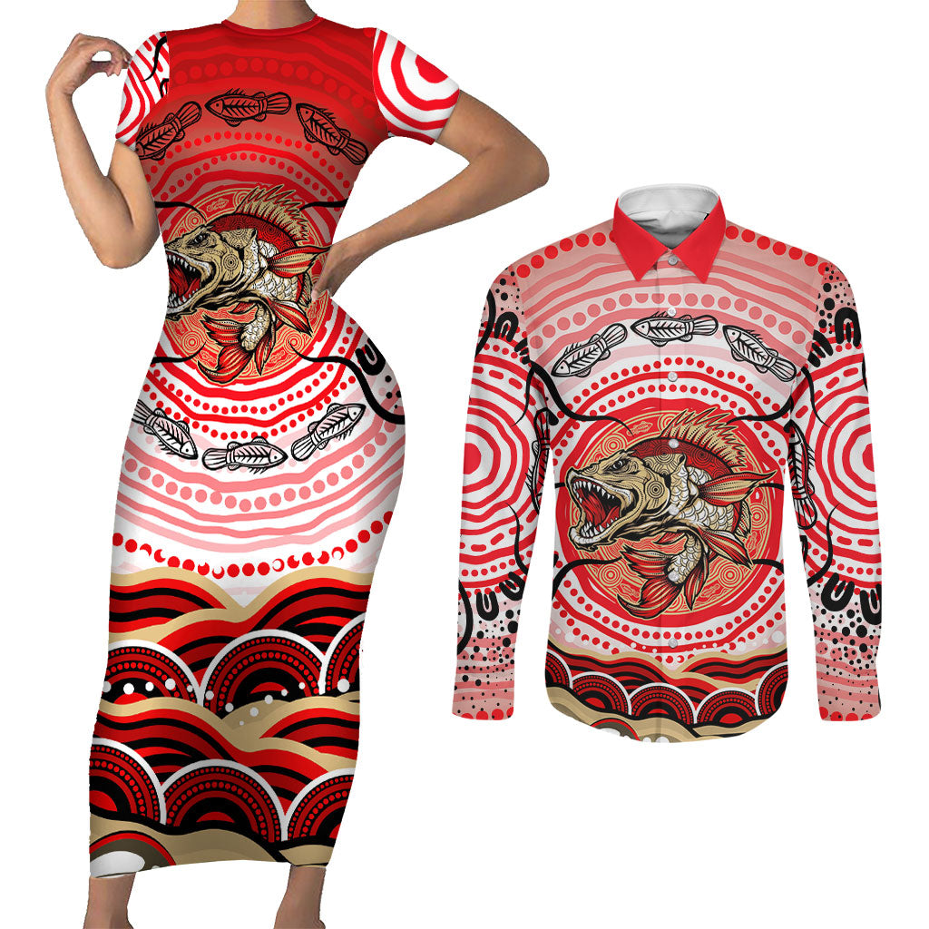 Personalised Aboriginal Barramundi Fish Couples Matching Short Sleeve Bodycon Dress and Long Sleeve Button Shirt Indigenous Dot Art - Dreamtime Spirit Animal
