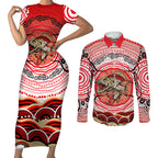 Personalised Aboriginal Barramundi Fish Couples Matching Short Sleeve Bodycon Dress and Long Sleeve Button Shirt Indigenous Dot Art - Dreamtime Spirit Animal