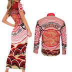 Personalised Aboriginal Barramundi Fish Couples Matching Short Sleeve Bodycon Dress and Long Sleeve Button Shirt Indigenous Dot Art - Dreamtime Spirit Animal