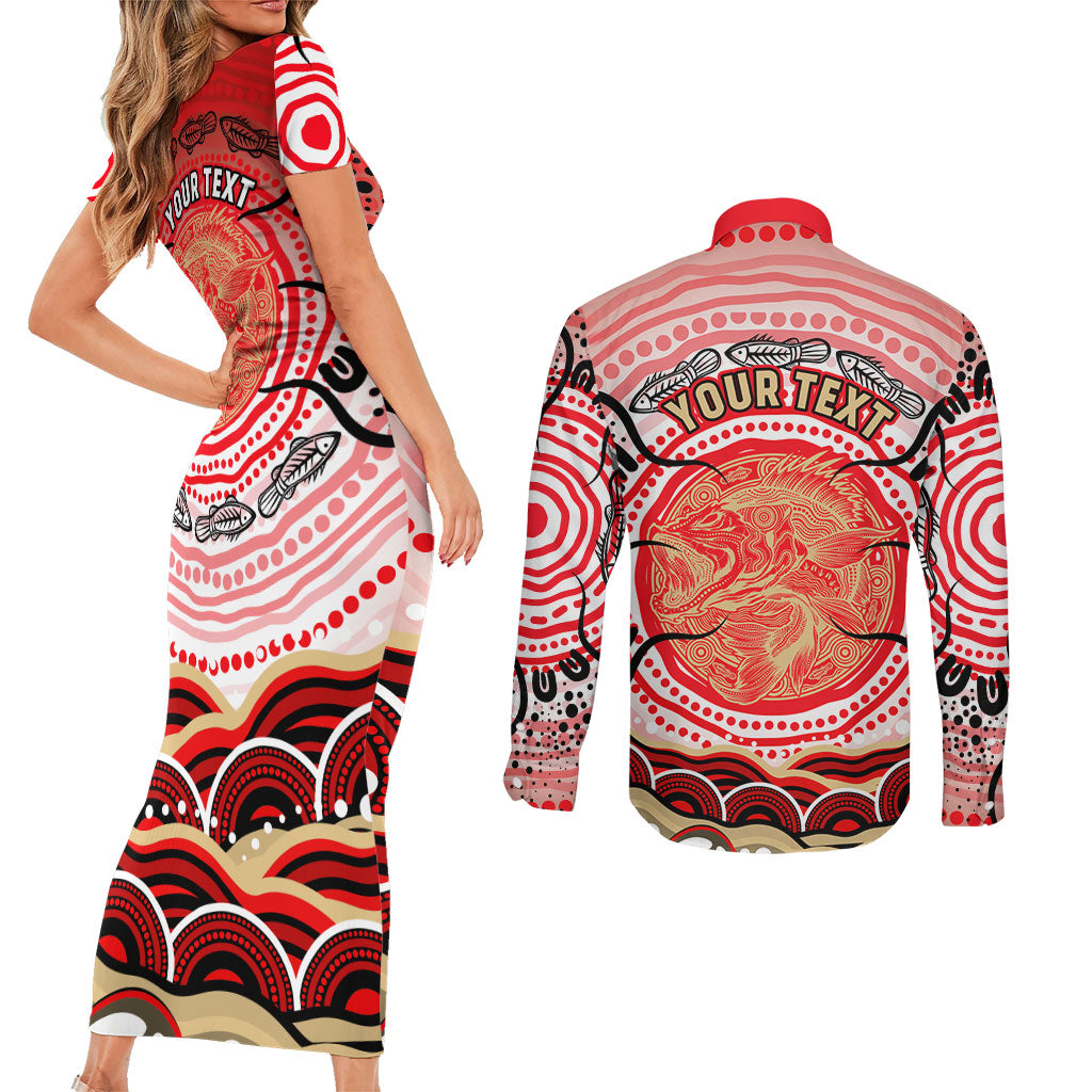 Personalised Aboriginal Barramundi Fish Couples Matching Short Sleeve Bodycon Dress and Long Sleeve Button Shirt Indigenous Dot Art - Dreamtime Spirit Animal