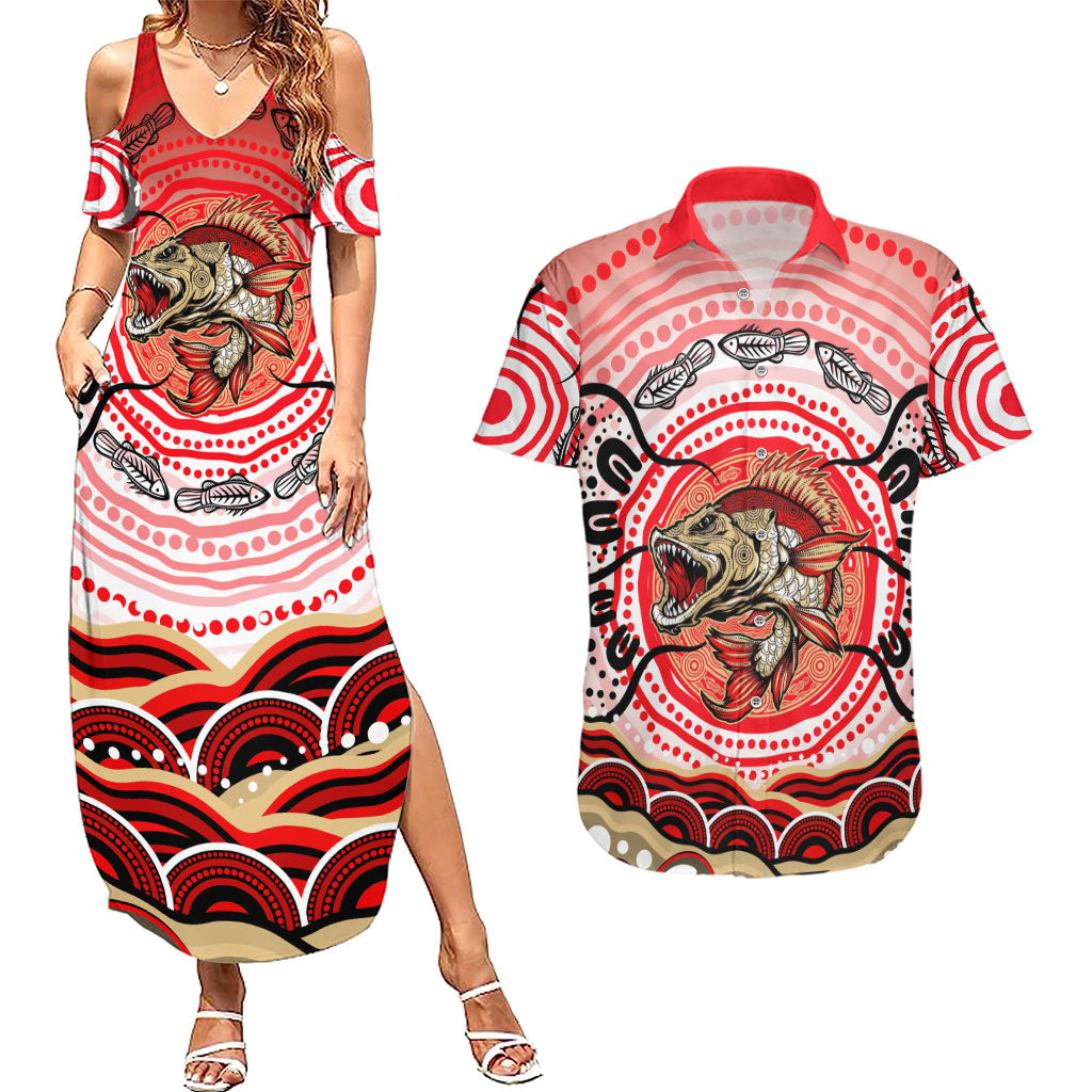 Personalised Aboriginal Barramundi Fish Couples Matching Summer Maxi Dress and Hawaiian Shirt Indigenous Dot Art - Dreamtime Spirit Animal