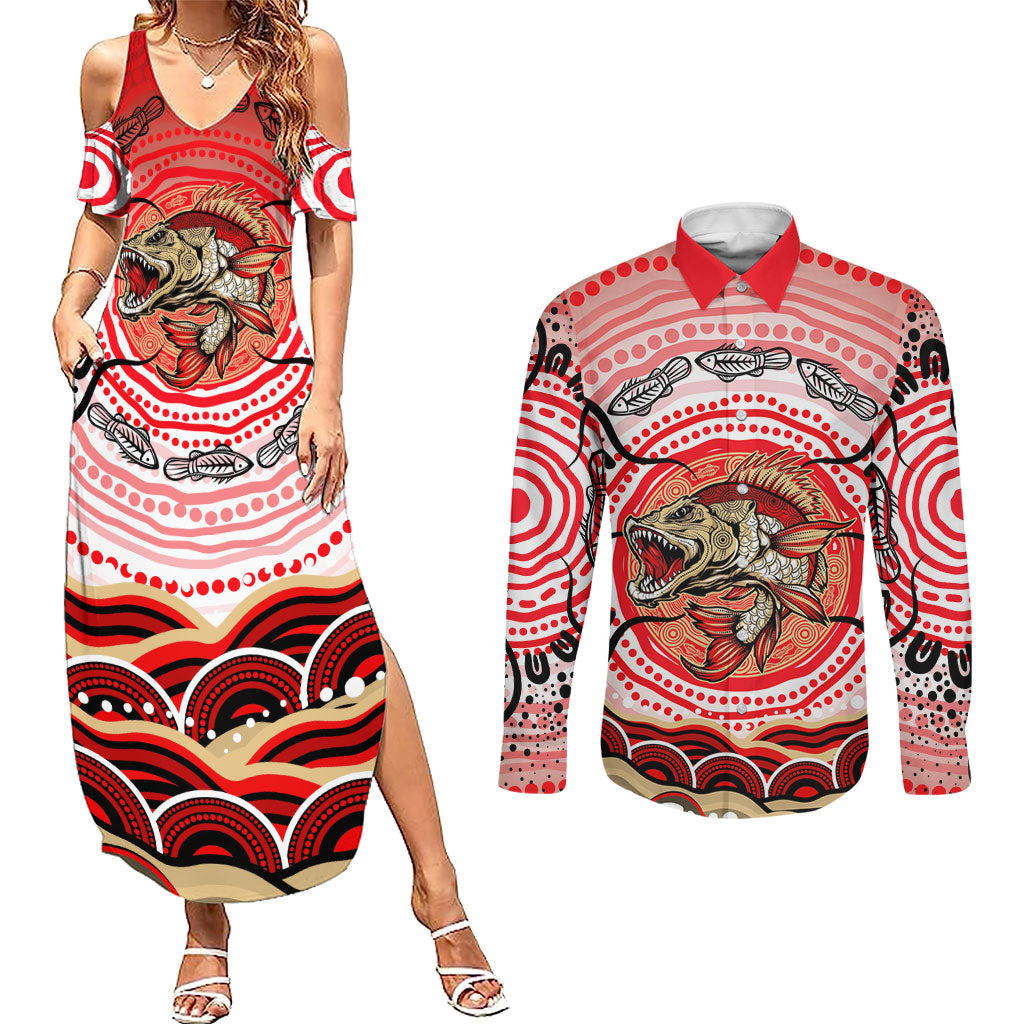 Personalised Aboriginal Barramundi Fish Couples Matching Summer Maxi Dress and Long Sleeve Button Shirt Indigenous Dot Art - Dreamtime Spirit Animal