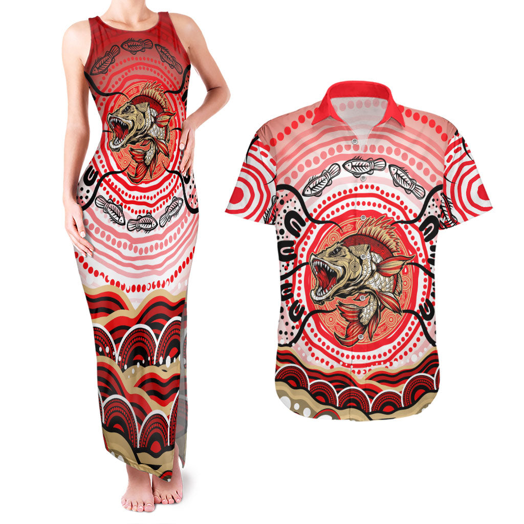 Personalised Aboriginal Barramundi Fish Couples Matching Tank Maxi Dress and Hawaiian Shirt Indigenous Dot Art - Dreamtime Spirit Animal