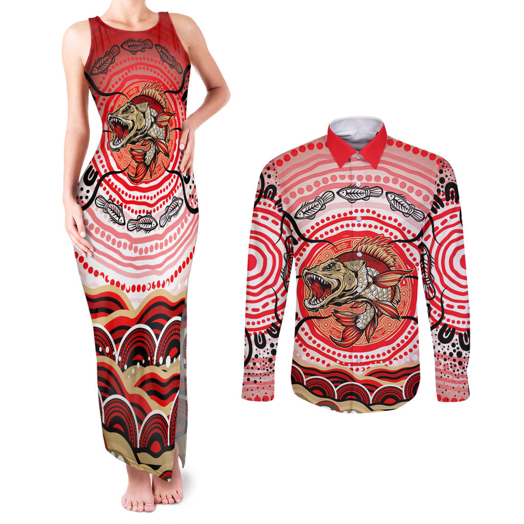 Personalised Aboriginal Barramundi Fish Couples Matching Tank Maxi Dress and Long Sleeve Button Shirt Indigenous Dot Art - Dreamtime Spirit Animal