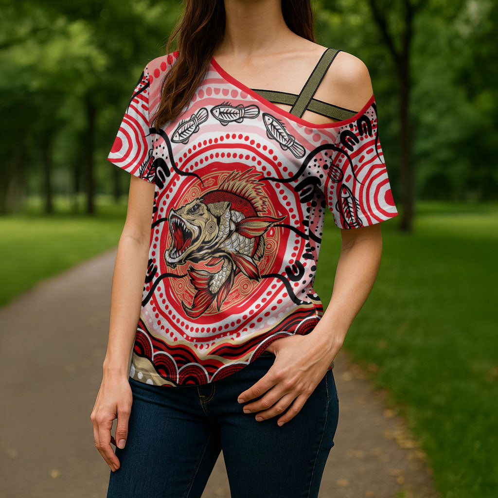 Personalised Aboriginal Barramundi Fish Cross Shoulder Shirt Indigenous Dot Art - Dreamtime Spirit Animal