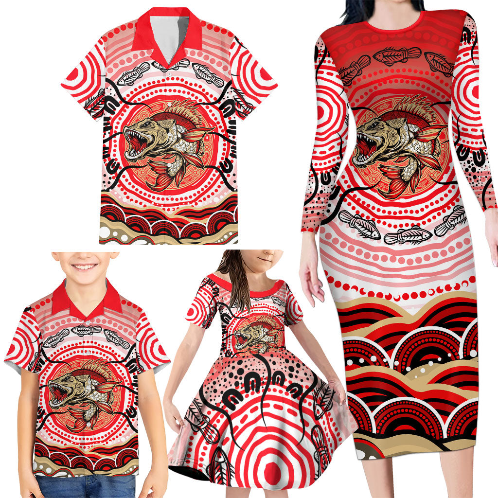 Personalised Aboriginal Barramundi Fish Family Matching Long Sleeve Bodycon Dress and Hawaiian Shirt Indigenous Dot Art - Dreamtime Spirit Animal
