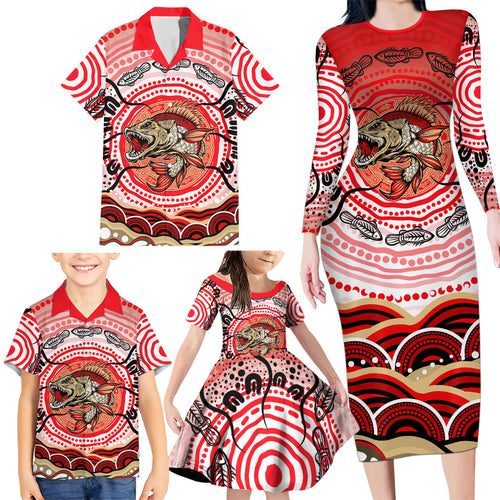Personalised Aboriginal Barramundi Fish Family Matching Long Sleeve Bodycon Dress and Hawaiian Shirt Indigenous Dot Art - Dreamtime Spirit Animal