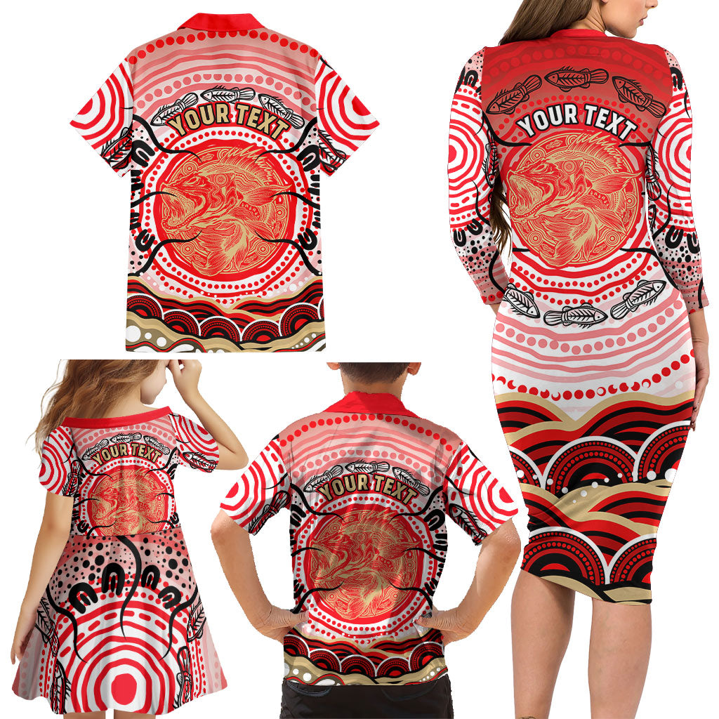 Personalised Aboriginal Barramundi Fish Family Matching Long Sleeve Bodycon Dress and Hawaiian Shirt Indigenous Dot Art - Dreamtime Spirit Animal