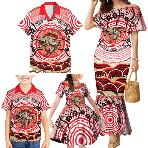 Personalised Aboriginal Barramundi Fish Family Matching Mermaid Dress and Hawaiian Shirt Indigenous Dot Art - Dreamtime Spirit Animal