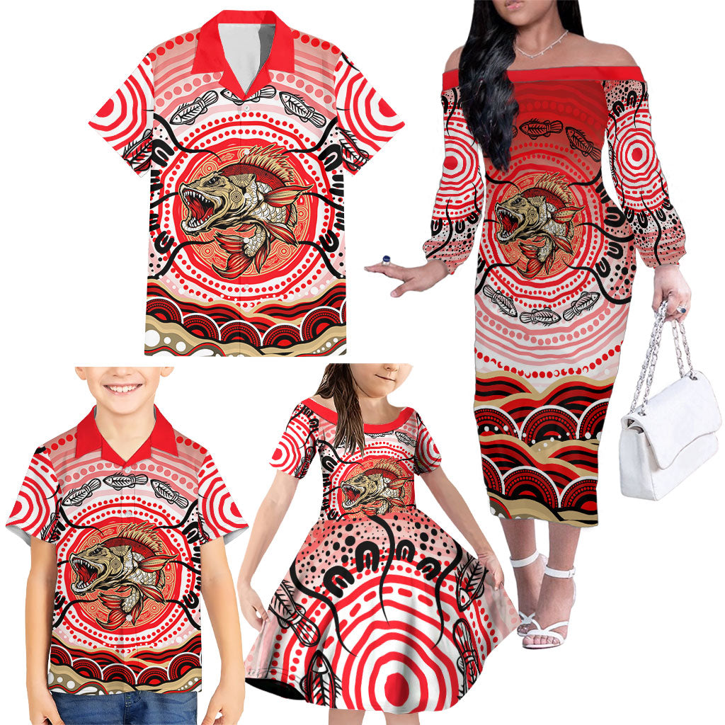 Personalised Aboriginal Barramundi Fish Family Matching Off The Shoulder Long Sleeve Dress and Hawaiian Shirt Indigenous Dot Art - Dreamtime Spirit Animal