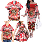 Personalised Aboriginal Barramundi Fish Family Matching Off The Shoulder Long Sleeve Dress and Hawaiian Shirt Indigenous Dot Art - Dreamtime Spirit Animal