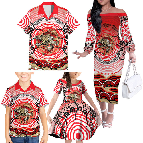 Personalised Aboriginal Barramundi Fish Family Matching Off The Shoulder Long Sleeve Dress and Hawaiian Shirt Indigenous Dot Art - Dreamtime Spirit Animal