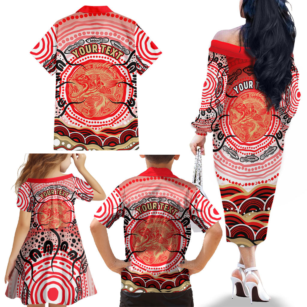 Personalised Aboriginal Barramundi Fish Family Matching Off The Shoulder Long Sleeve Dress and Hawaiian Shirt Indigenous Dot Art - Dreamtime Spirit Animal
