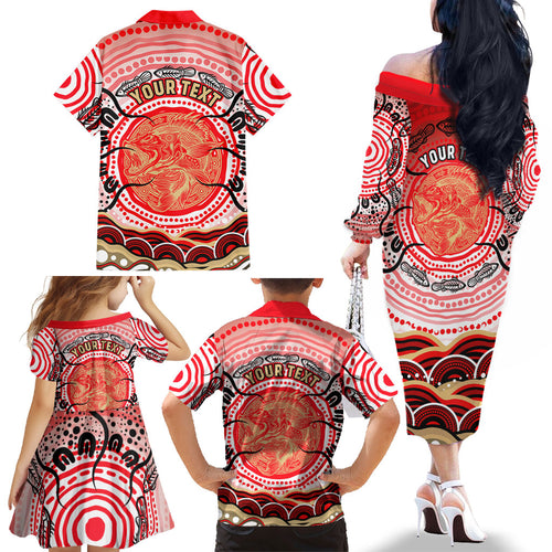 Personalised Aboriginal Barramundi Fish Family Matching Off The Shoulder Long Sleeve Dress and Hawaiian Shirt Indigenous Dot Art - Dreamtime Spirit Animal