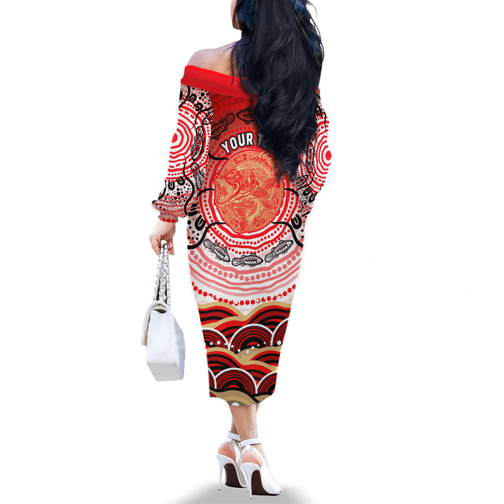 Personalised Aboriginal Barramundi Fish Family Matching Off The Shoulder Long Sleeve Dress and Hawaiian Shirt Indigenous Dot Art - Dreamtime Spirit Animal